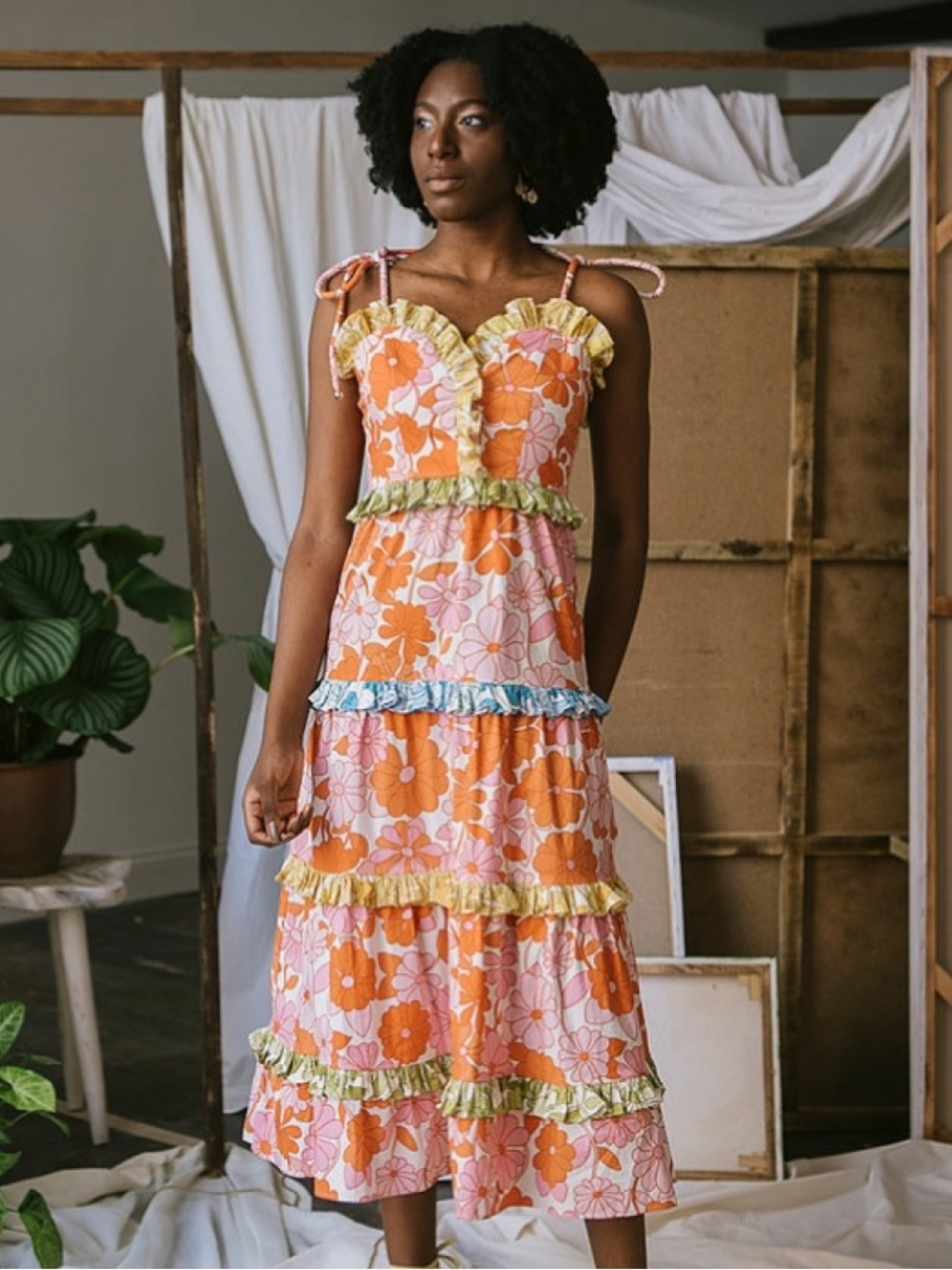 Tiered Floral Midi Dress with Ruffle Accents - Pink & Orange